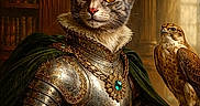 Biscotte a rejoint le concours — aidez-le/la à gagner de superbes lots ! cat, armor, medieval, hawk, bird, jewelry, cloak, portrait, fantasy, regal, animal, feline, ornate, library, bookshelf, classical, statue, decoration, vintage, noble