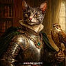 cat, armor, medieval, hawk, bird, jewelry, cloak, portrait, fantasy, regal, animal, feline, ornate, library, bookshelf, classical, statue, decoration, vintage, noble