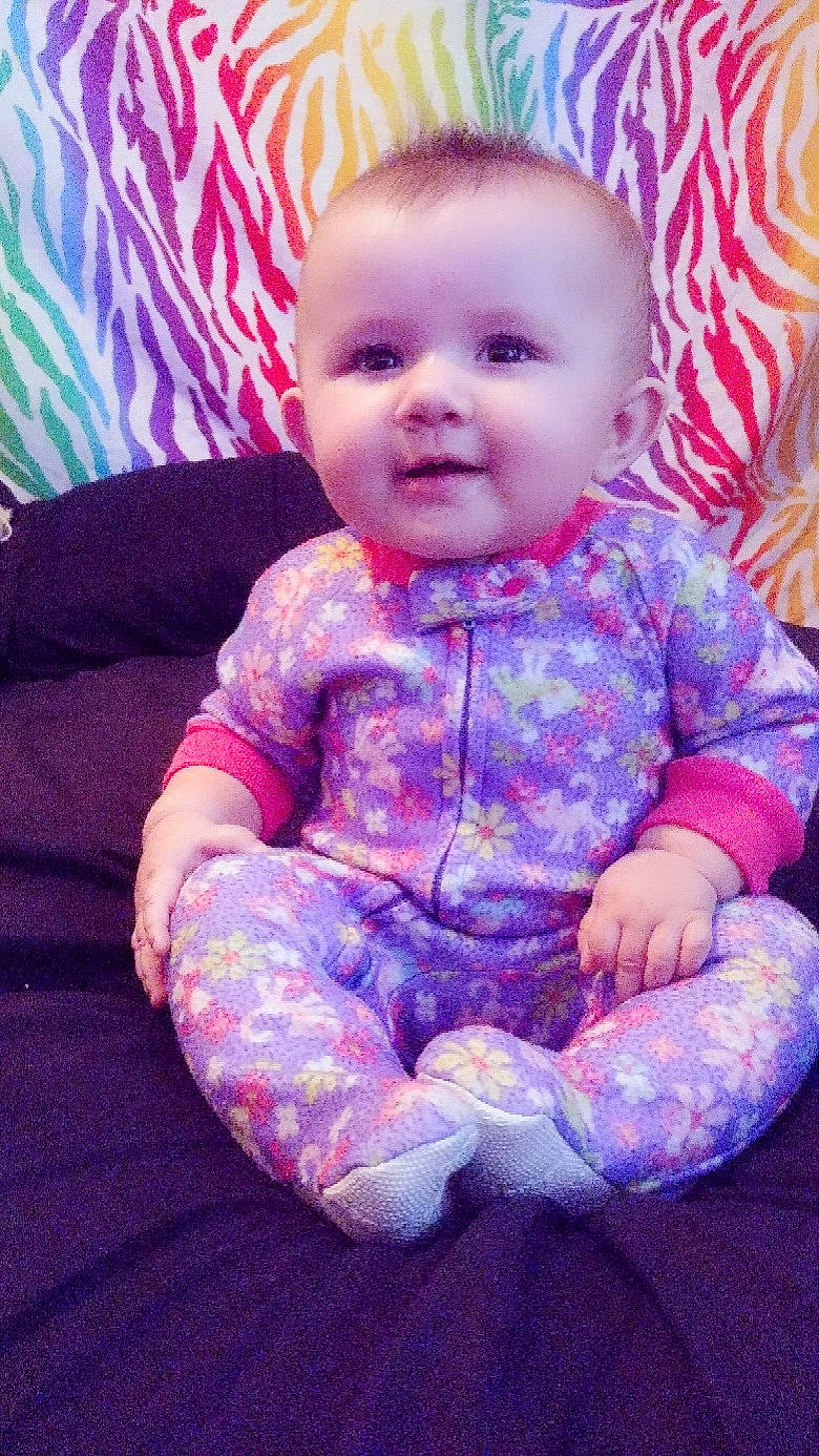 Kadence joined the competition — help win amazing prizes! baby, baby_toddler_clothing, cheek, child, eye, head, iris, person, pink, purple, sitting, toddler