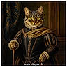 cat, tabby_cat, animal, portrait, renaissance, costume, royal, aristocrat, historical, painting_style, digital_art, standing, cane, lace, ornate_clothing, dark_background, wood_paneling, curtain, dramatic_lighting, watermark