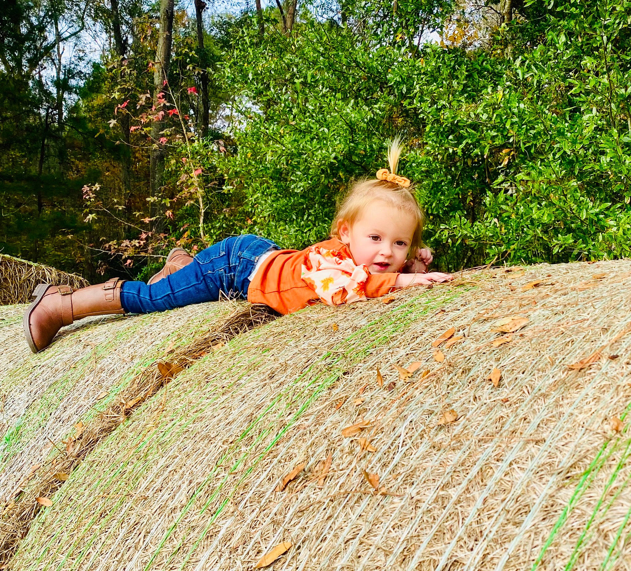 Brook joined the competition — help win amazing prizes! baby, baby_toddler_clothing, botany, deciduous, flooring, grass, grass_family, groundcover, happy, landscape, leisure, natural_landscape, people_in_nature, person, plant, smile, toddler, tree, trunk, wood
