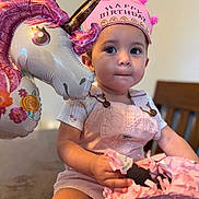 Araceli joined the competition — help win amazing prizes! balloon, birthday, celebration, child, clothing, crown, cute, face, festive, happy, indoor, party, person, pink, piñata, playing, table, toddler, unicorn, young