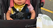 Araceli is registered to the contest to win money with this photo: baby, blanket, blue_eyes, child, clothing, curly_hair, daylight, expression, footwear, grass, outdoor, person, pink_canopy, portrait, seat, seatbelt, sidewalk, socks, stroller, toddler