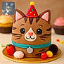 cake, cat, party_hat, strawberry, candy, dessert, tabby_cat, food, cute, celebration, background_blur, inset_photo, brown, pink, red, yellow, blue, round, sweet, novelty