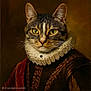 cat, tabby, portrait, renaissance, costume, ruffled_collar, feline, animal, brown, green_eyes, fur, historical_clothing, braids, studio_lighting, closeup, indoor, serious, majestic, artistic, costume_portrait