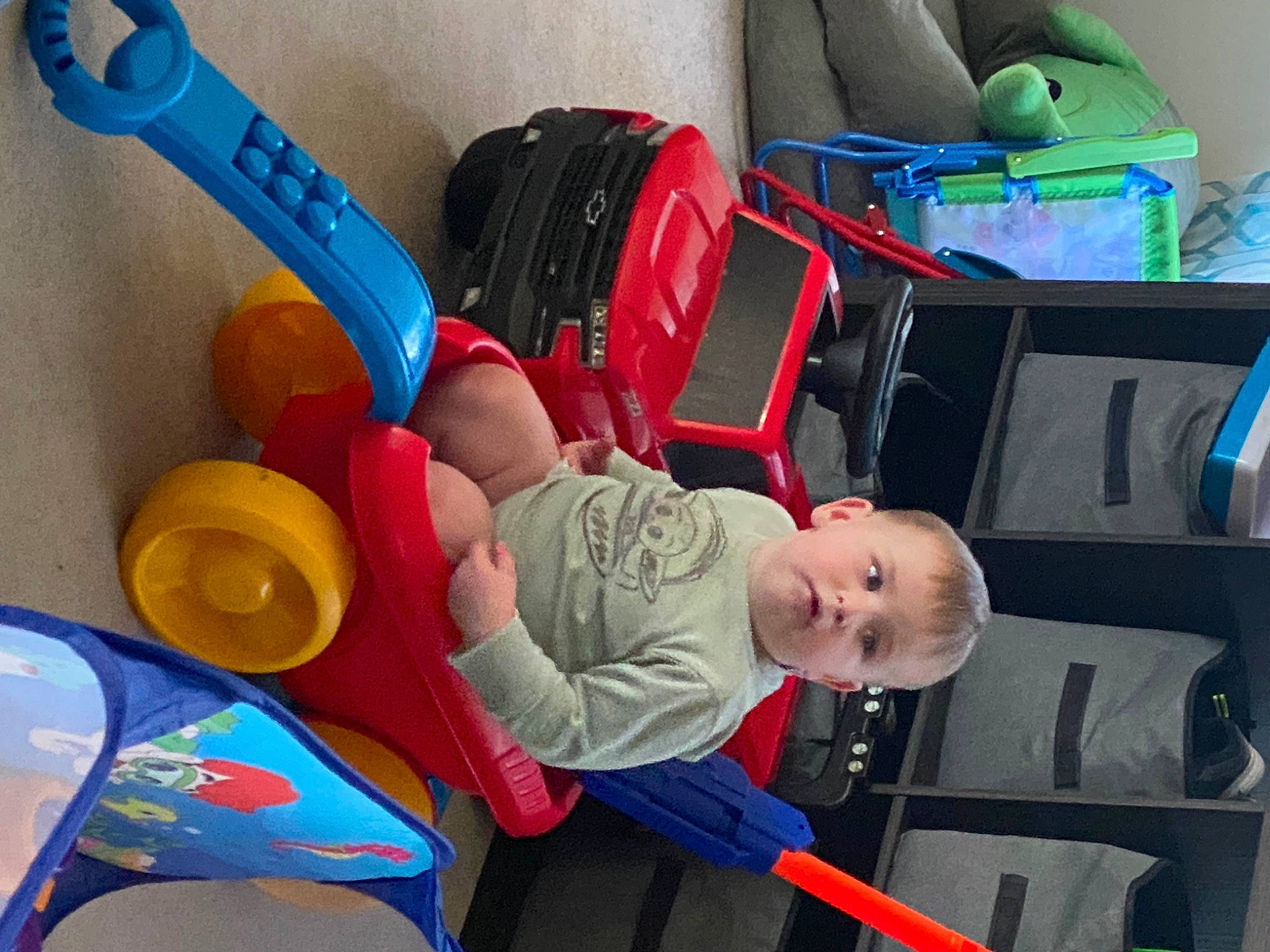 Aiden joined the competition — help win amazing prizes! baby, baby_playing_with_toys, baby_products, baby_toys, bag, blue, child, fun, infant_bed, leisure, luggage_and_bags, person, plastic, play, recreation, room, t_shirt, tire, toddler, toy