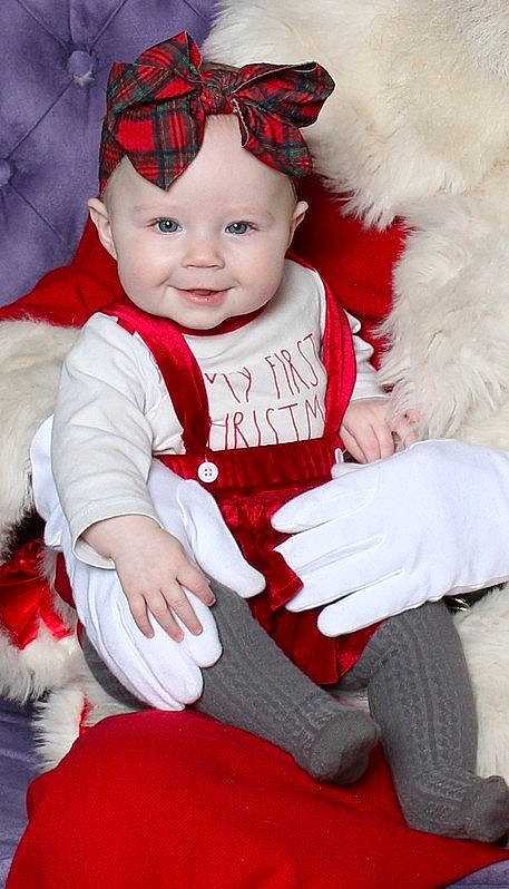 Emmarie is registered to the contest to win money with this photo: baby, baby_toddler_clothing, cap, child, christmas, costume_hat, event, face, fictional_character, happy, hat, headwear, holiday, person, pink, plant, red, skin, sleeve, smile