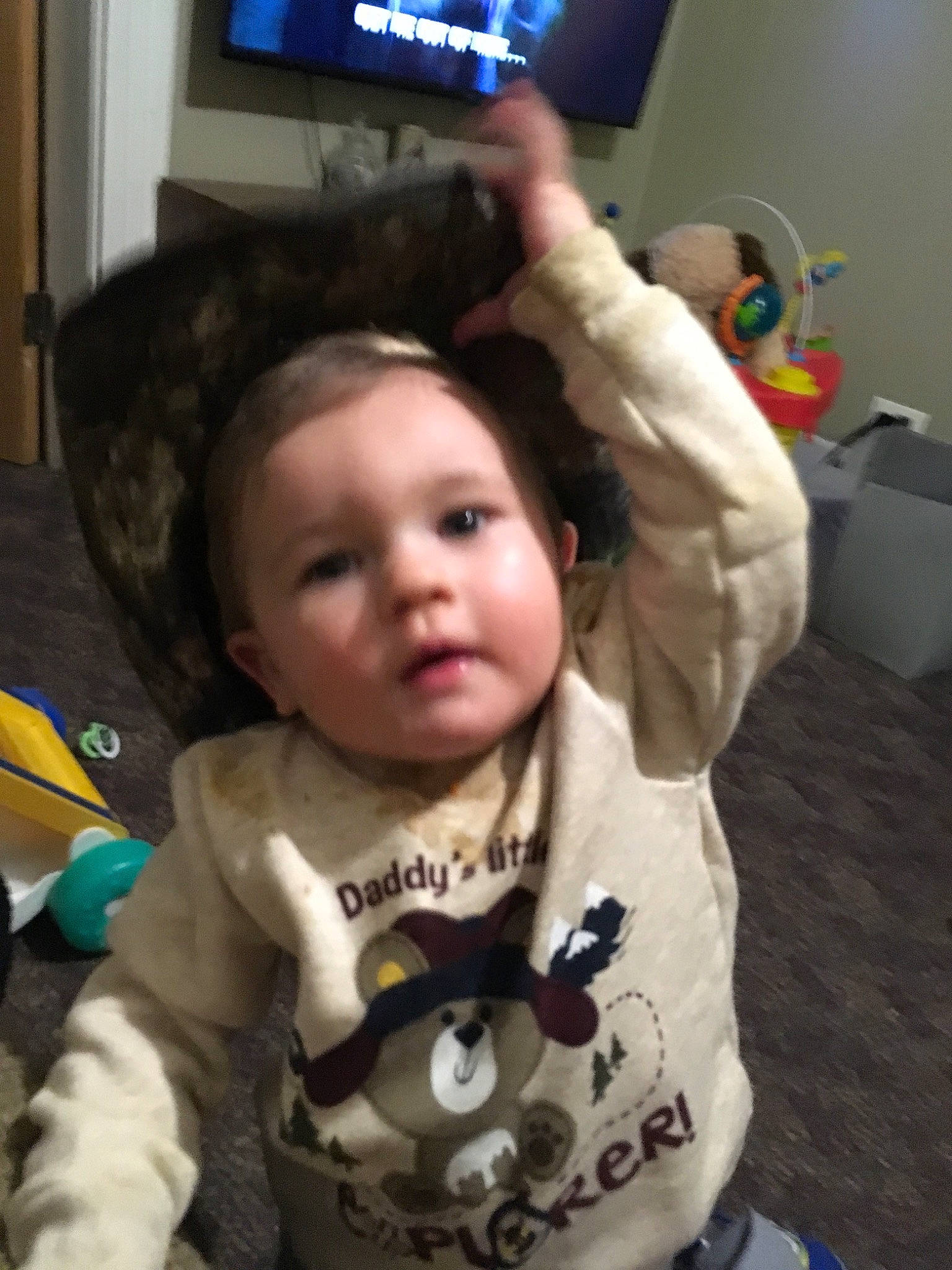 Fisher is registered to the contest to win money with this photo: baby, cheek, child, ear, person, photography, play, selfie, toddler