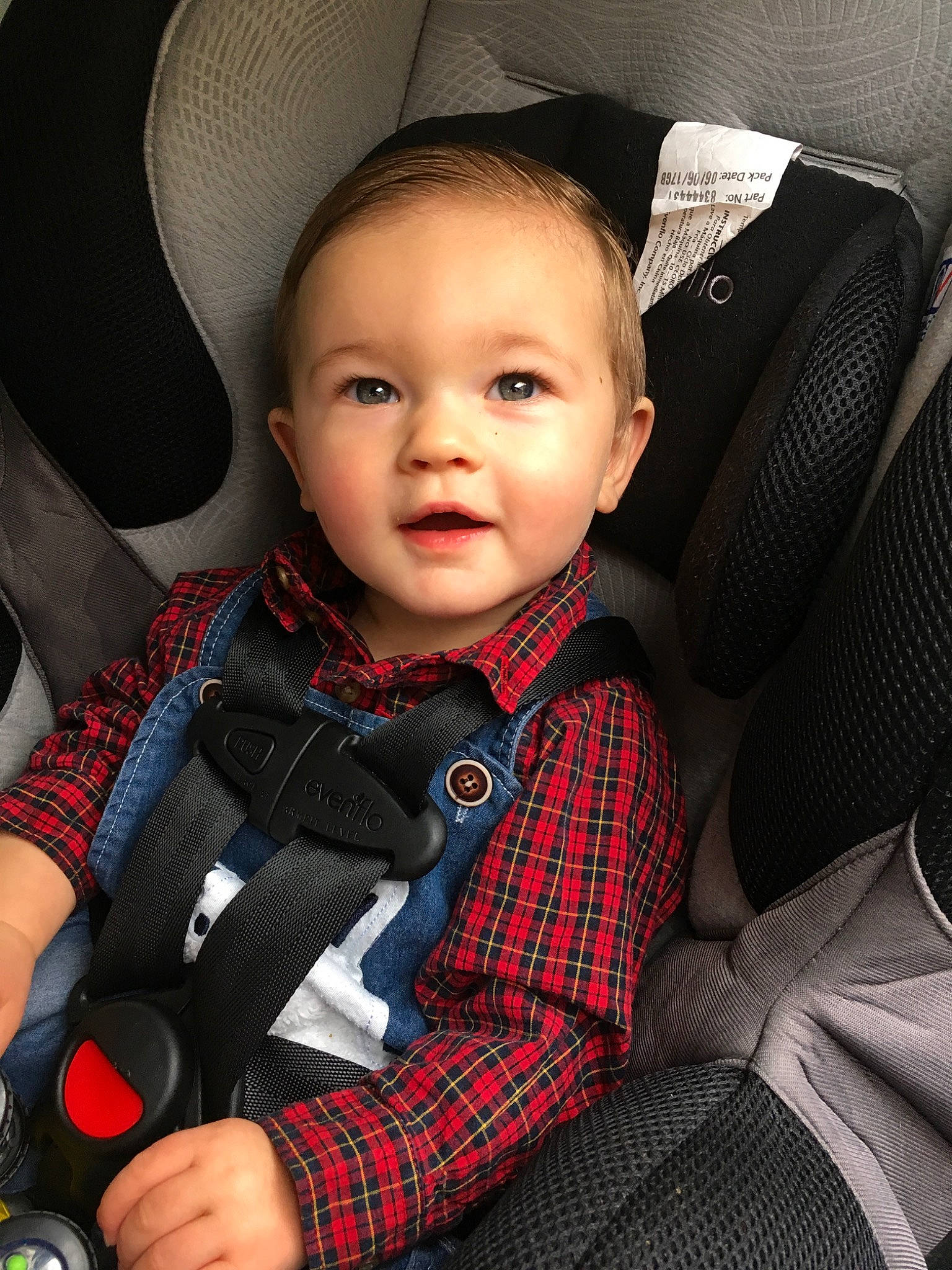 Fisher is registered to the contest to win money with this photo: auto_part, baby, baby_carriage, baby_in_car_seat, baby_products, car_seat, cheek, child, child_model, design, pattern, person, plaid, product, sitting, skin, tartan, textile, toddler