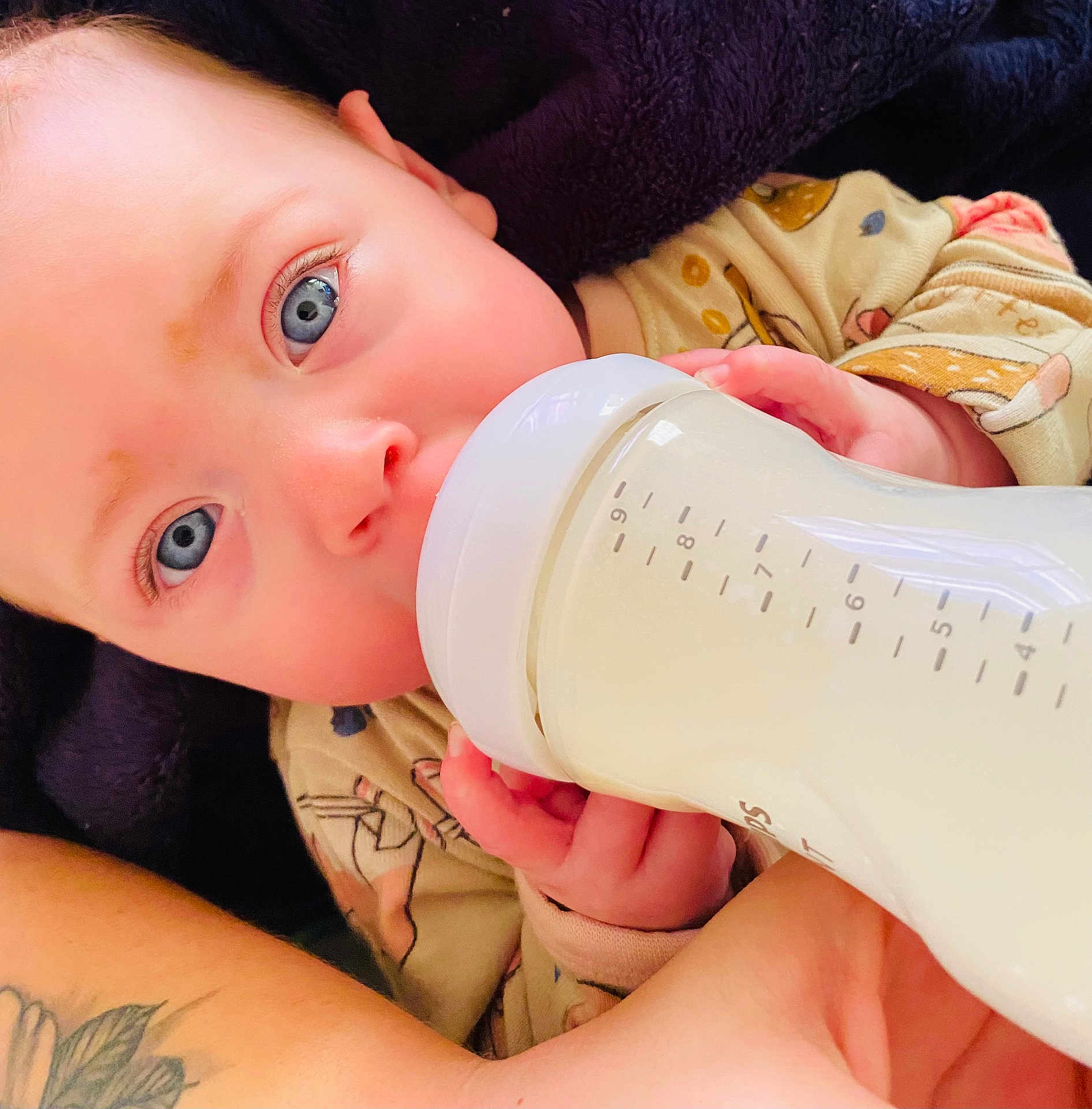 Jazmine joined the competition — help win amazing prizes! baby, bottle, milk, blue_eyes, onesie, hand, arm, tattoo, blanket, closeup, infant, feeding, cute, skin, face, child, newborn, soft, comfort, indoor
