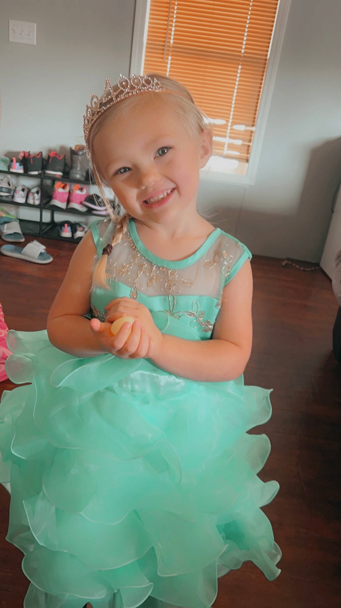 Trinity is registered to the contest to win money with this photo: aqua, azure, baby, baby_toddler_clothing, beauty, costume, day_dress, dress, event, fashion_accessory, flash_photography, formal_wear, fun, happy, headpiece, jewellery, joy, person, pink, ruffle