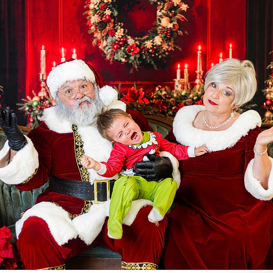 Kohen Luke is registered to the contest to win money with this photo: adult, bride, christmas, christmasdecorations, christmastree, clothing, costume, face, female, festival, glove, head, person, santaclaus, wedding, woman