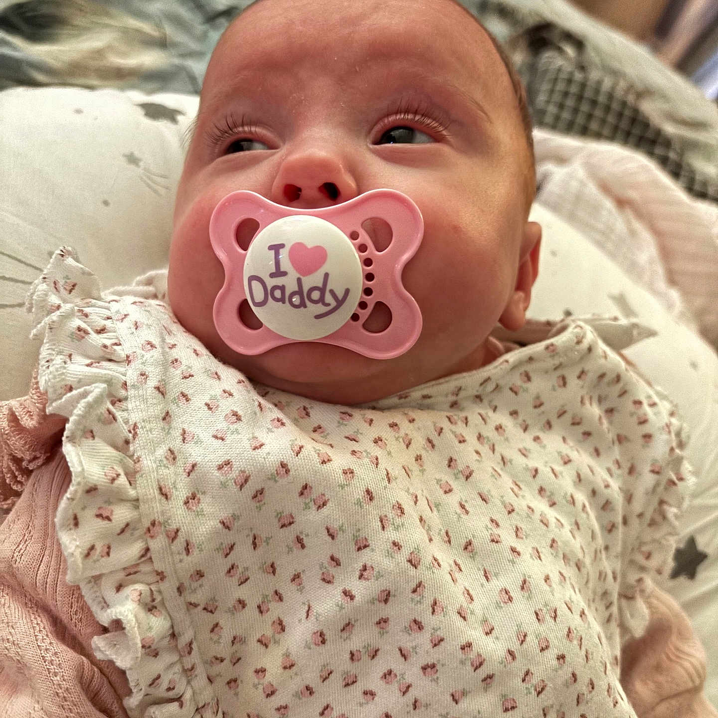 Esmae-Hope joined the competition — help win amazing prizes! baby, child, close_up, clothing, comfort, cute, fabric, face, indoor, infant, newborn, pacifier, pattern, person, pink, portrait, resting, sleepwear, soft, young