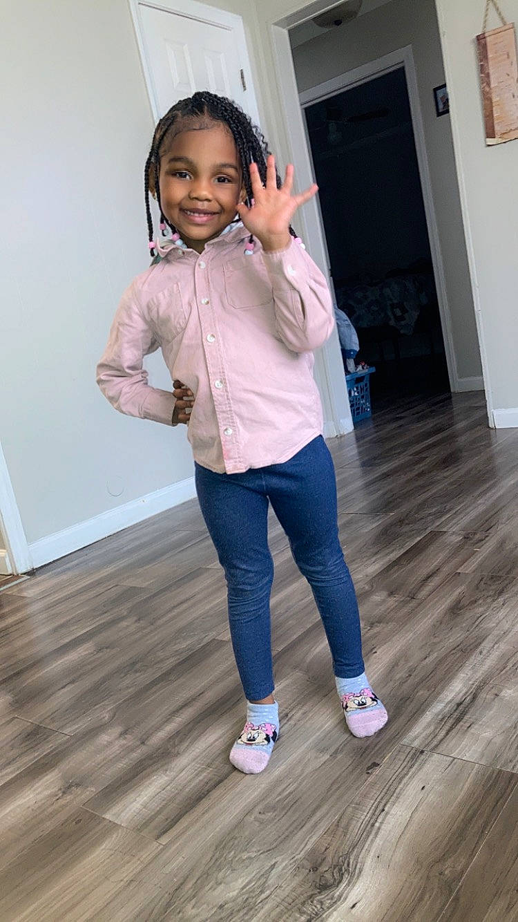 Aminah joined the competition — help win amazing prizes! door, electric_blue, fashion_design, flooring, footwear, happy, hardwood, human_leg, joint, joy, knee, person, shoe, sleeve, smile, sportswear, sweatpant, thigh, toddler, waist