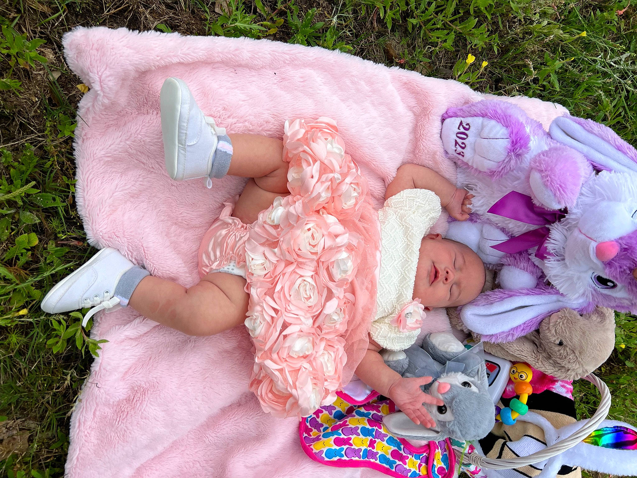 Koby is registered to the contest to win money with this photo: baby, baby_products, baby_toddler_clothing, child, dress, grass, happy, pattern, people_in_nature, person, pink, plant, spring, toddler, tree, wrist