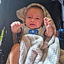 baby, blanket, stroller, infant, child, soft, cozy, cute, hands, expression, comfort, clothing, pacifier, indoors, person, face, head, warm, rest, seat