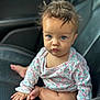 baby, child, blue_eyes, curly_hair, floral_clothing, car_seat, infant, portrait, cute, sitting, indoor, person, young_child, skin, hand, foot, clothing, looking, expression, cute_face