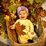 Aurora joined the competition — help win amazing prizes! baby, child, autumn, leaves, basket, smiling, hat, yellow_onesie, indoor, cozy, cute, seasonal, playful, portrait, happy, fall, nature, leaf, woven_basket, infant