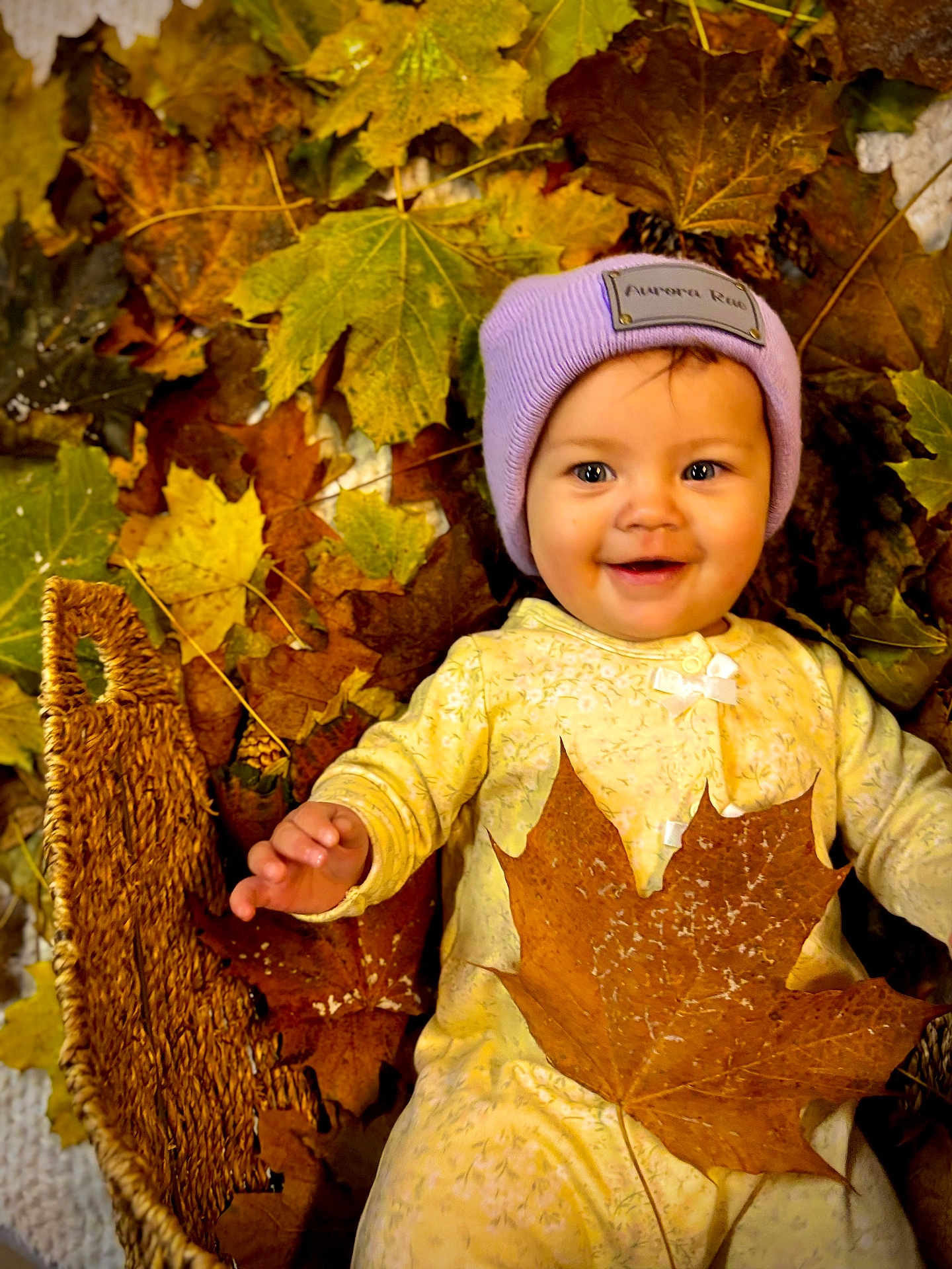Aurora is registered to the contest to win money with this photo: baby, child, autumn, fall_leaves, basket, smiling, purple_hat, yellow_outfit, leaf, outdoor, seasonal, cute, portrait, nature, cozy, happy, infant, playful, warm_colors, baby_face