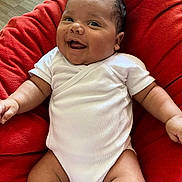 Louan participe au concours pour gagner de l'argent avec cette photo : baby, infant, smile, white_onesie, red_cushion, happy, chubby_arms, chubby_legs, indoors, floor, wooden_floor, cute, portrait, child, human, skin, person, sitting, soft_fabric, cozy