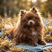 Max a rejoint le concours — aidez-le/la à gagner de superbes lots ! dog, pomeranian, fluffy, brown, flower_field, wildflowers, yellow_flowers, blue_flowers, stone, outdoor, nature, grass, sunlight, animal, pet, portrait, closeup, relaxing, spring, cute