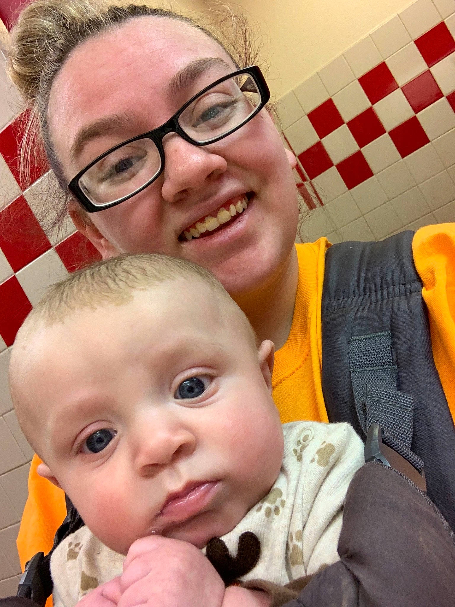 Austin is registered to the contest to win money with this photo: baby, child, finger, glasses, joy, nose, person, thumb, toddler