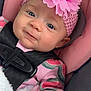 Londyn is registered to the contest to win money with this photo: baby, infant, car_seat, pink, headband, flower, blue_eyes, watermelon_pattern, clothing, straps, seatbelt, cute, portrait, child, young, smile, closeup, indoors, soft, blanket