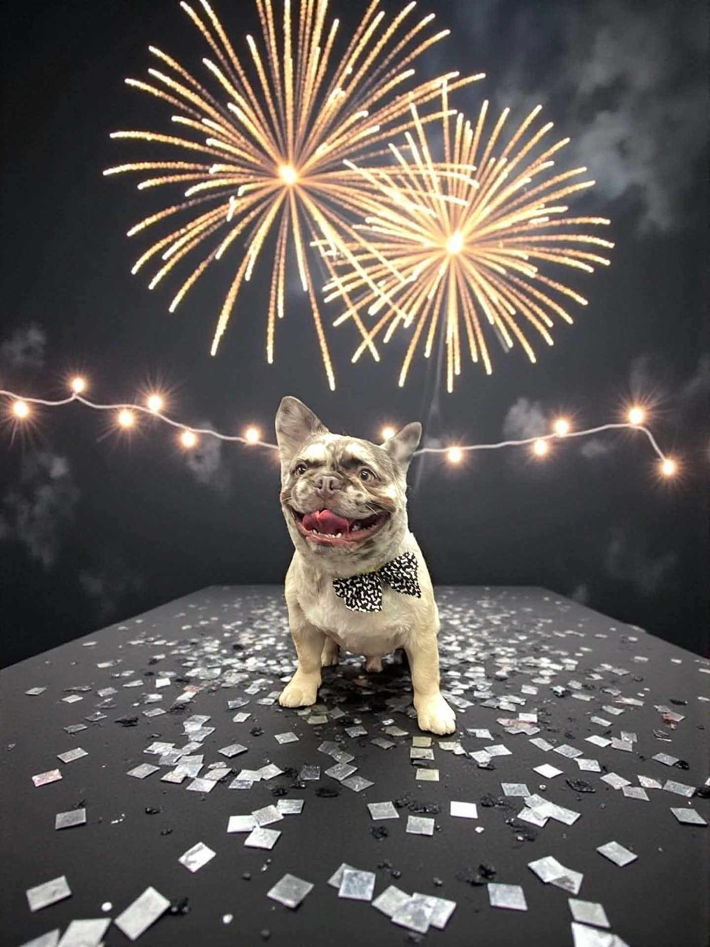 Zartan joined the competition — help win amazing prizes! dog, french_bulldog, bow_tie, fireworks, confetti, night, celebration, string_lights, festive, happy, pet, animal, outdoor, party, smiling, tongue_out, black_background, spotlight, portrait, cute