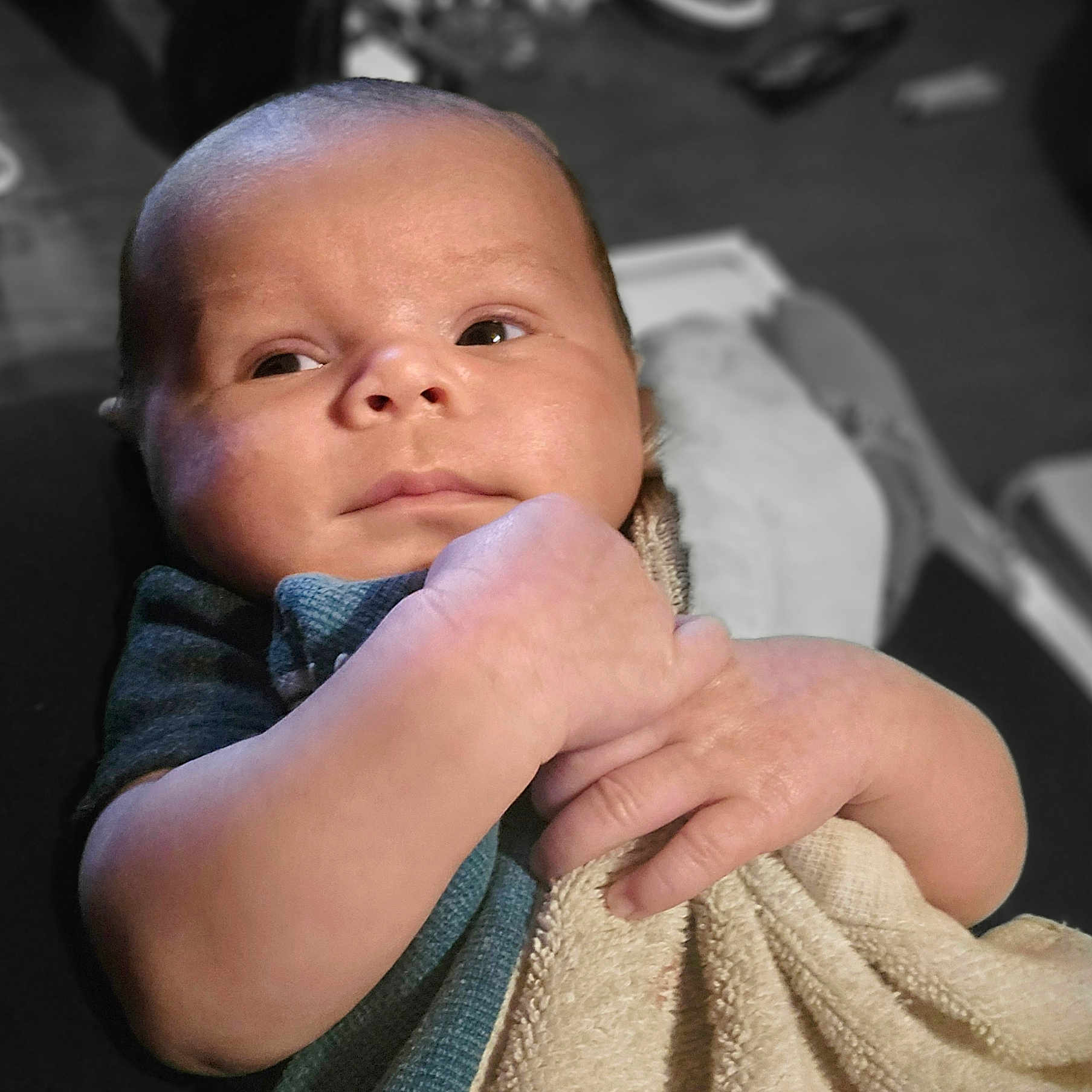 Zaylen is registered to the contest to win money with this photo: baby, infant, blanket, hand, face, skin, clothing, portrait, closeup, newborn, child, cute, soft, sleepy, indoors, person, resting, expression, gentle, warm