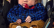 Zaylen joined the competition — help win amazing prizes! baby, blue_outfit, bow_tie, brown_pants, car, car_seat, child, close_up, face, indoor, infant, looking_at_camera, photography, plaid, portrait, safety_harness, seated, serious_expression, striped_socks, warning_label
