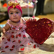 Azavia is registered to the contest to win money with this photo: baby, big_eyes, bracelet, carpet, child, closeup, cute, dress, gold_bow, hands, headband, indoors, infant, portrait, red_heart, rosy_cheeks, sequin_heart, sitting, sparkle, strawberry_print