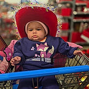 Azavia is registered to the contest to win money with this photo: baby, shopping_cart, hat, purple_clothing, fox_illustration, tinsel, store, blurred_background, child, serious_expression, pink_hat, belt, hand, toy, retail, indoor, person, clothing, seat, infant