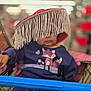 baby, child, shopping_cart, hat, fringe, clothing, blue_outfit, fox_graphic, seatbelt, store, blurred_background, person, indoor, cute, infant, apparel, retail, shopping, sitting, young_child