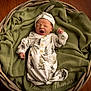 newborn, baby, basket, blanket, wood_floor, sleepwear, hat, yawning, infant, cozy, knit, wood, cute, resting, portrait, sleepy, soft, patterned_clothing, toddler, indoors