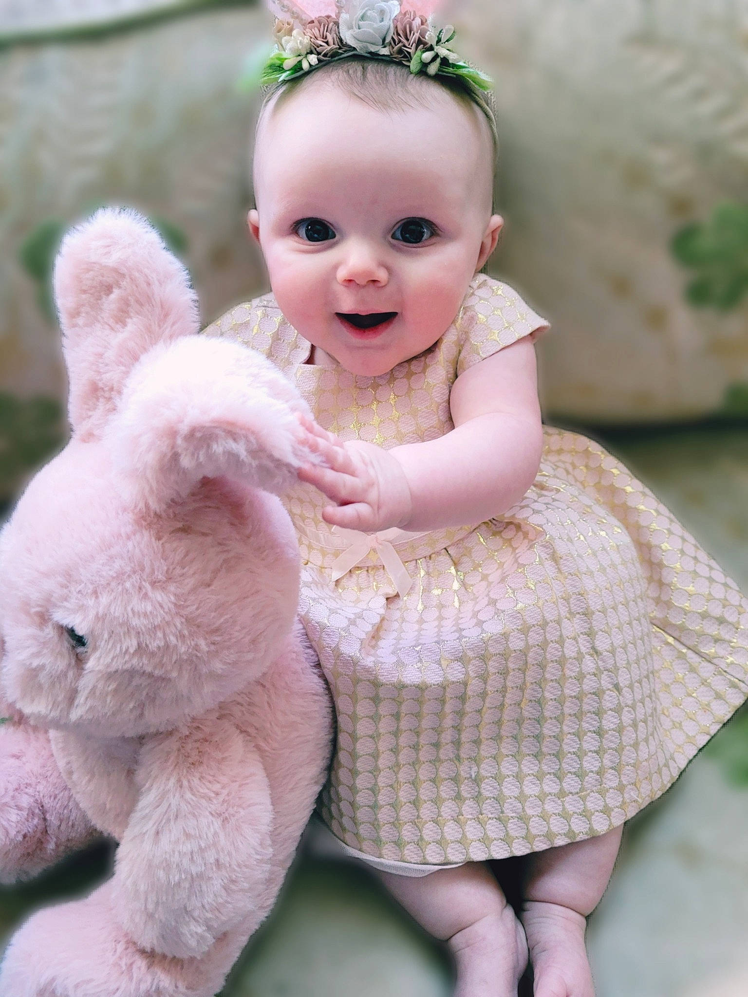 Isabella joined the competition — help win amazing prizes! baby, baby_toddler_clothing, embellishment, facial_expression, fawn, grass, happy, head, headband, headgear, headpiece, iris, jewellery, person, pink, skin, smile, textile, toddler, toy