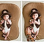 Bodie joined the competition — help win amazing prizes! baby, infant, crochet, cowboy_hat, vest, booties, brown_cushion, hands, cute, portrait, lying_down, white_onesie, indoor, soft_lighting, newborn, child, adorable, cozy, closeup, expression