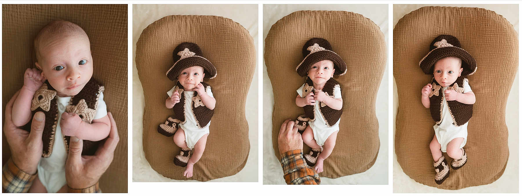 Bodie joined the competition — help win amazing prizes! baby, infant, crochet, cowboy_hat, vest, booties, brown_cushion, hands, cute, portrait, lying_down, white_onesie, indoor, soft_lighting, newborn, child, adorable, cozy, closeup, expression