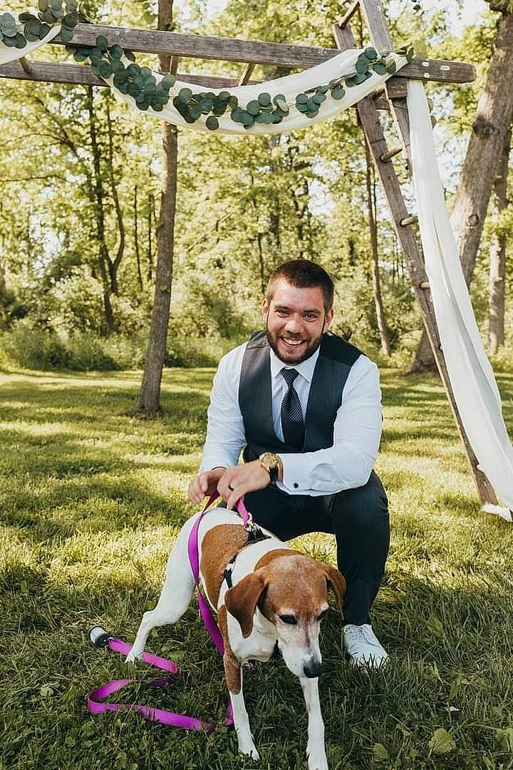 Breeze joined the competition — help win amazing prizes! canidae, carnivore, companion_dog, dog, dog_breed, event, fawn, formal_wear, grass, happy, leisure, people_in_nature, plant, smile, sporting_group, spring, suit, tie, tree, woodland