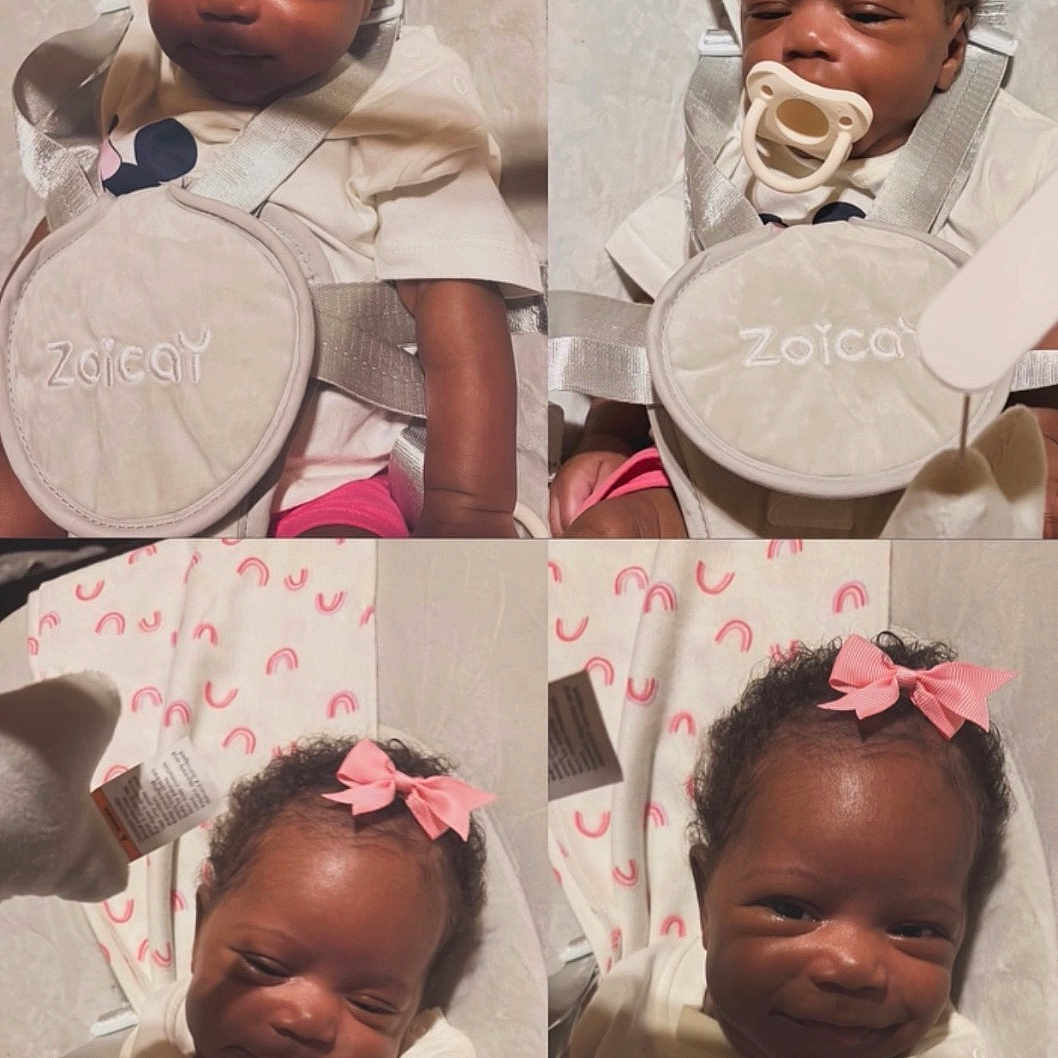 Kasori joined the competition — help win amazing prizes! baby, infant, child, pink_bow, white_shirt, baby_seat, blanket, smile, cute, portrait, indoors, seatbelt, happy, expression, closeup, skin, hair, comfort, collage, soft_lighting