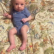 William is registered to the contest to win money with this photo: baby, infant, blue_onesie, winnie_the_pooh, blanket, cartoon_characters, lying_down, cute, child, two_months, portrait, looking_at_camera, indoors, soft_lighting, skin, face, hands, feet, expression, young