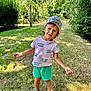 Marc participe au concours pour gagner de l'argent avec cette photo : child, boy, cap, shirt, shorts, shoes, grass, trees, bushes, sunlight, outdoor, nature, playful, smiling, happy, person, summer, path, greenery, casual_clothing