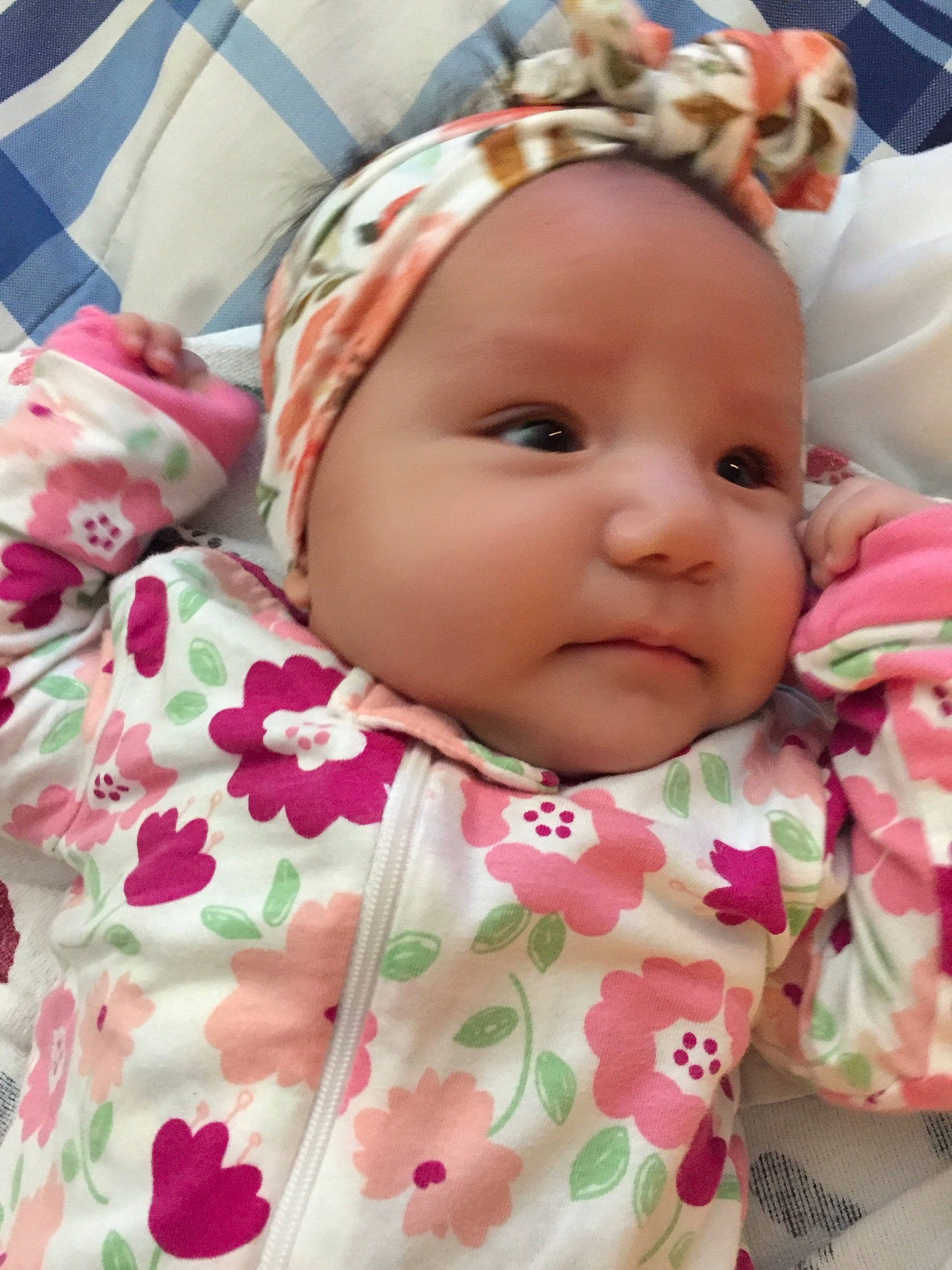 Presley is registered to the contest to win money with this photo: baby, baby_toddler_clothing, cheek, child, chin, comfort, eye, eyebrow, eyelash, headwear, iris, linens, lip, mouth, nose, pattern, person, pink, skin, sleeve