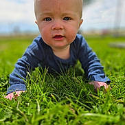 Weston is registered to the contest to win money with this photo: baby, child, infant, grass, outdoor, blue_clothing, crawling, face, eyes, cheeks, nature, daylight, greenery, young_child, portrait, closeup, skin, head, person, happy