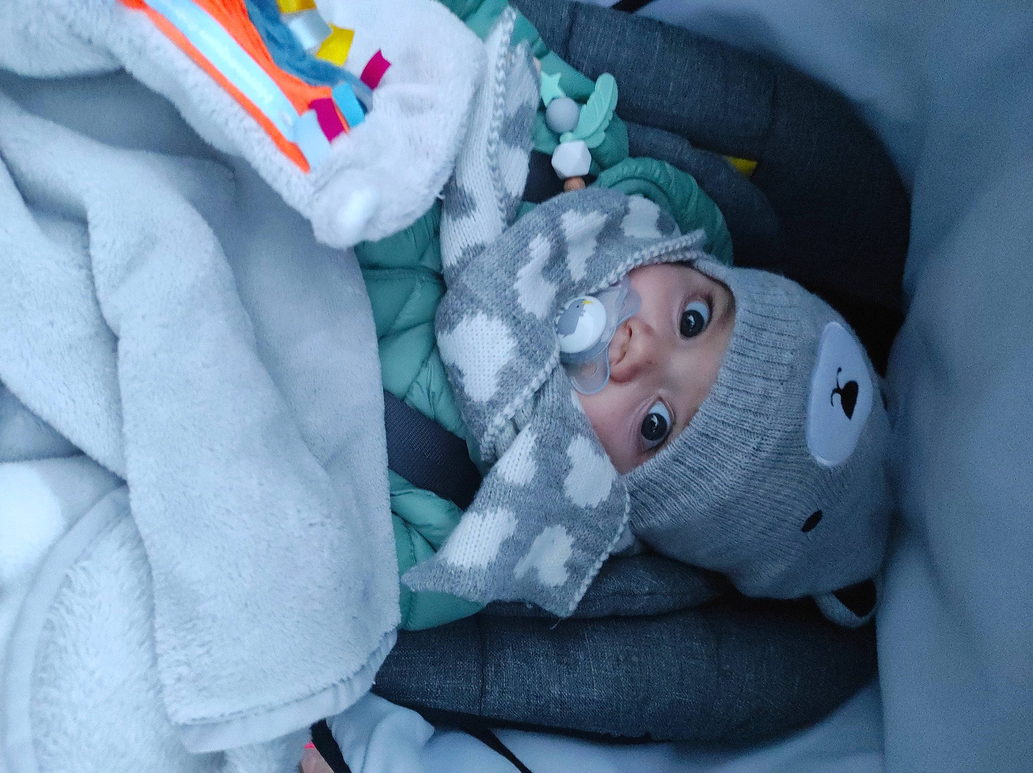 Gabriel a rejoint le concours — aidez-le/la à gagner de superbes lots ! arm, baby, baby_carriage, baby_products, baby_toddler_clothing, carmine, child, comfort, electric_blue, hand, hat, human_body, linens, room, smile, textile, toddler, tree, window, winter