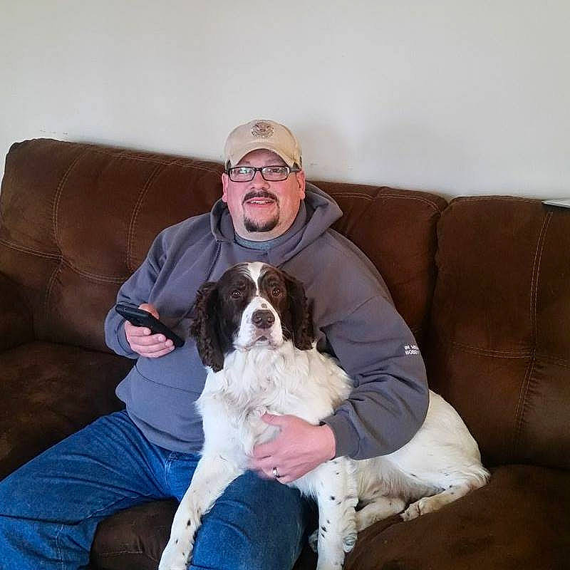 Bam is registered to the contest to win money with this photo: canidae, carnivore, companion_dog, dog, dog_breed, drentse_patrijshond, english_springer_spaniel, french_spaniel, headwear, joy, mammal, moscow_watchdog, person, sitting, spaniel, sporting_group, st_bernard, vertebrate