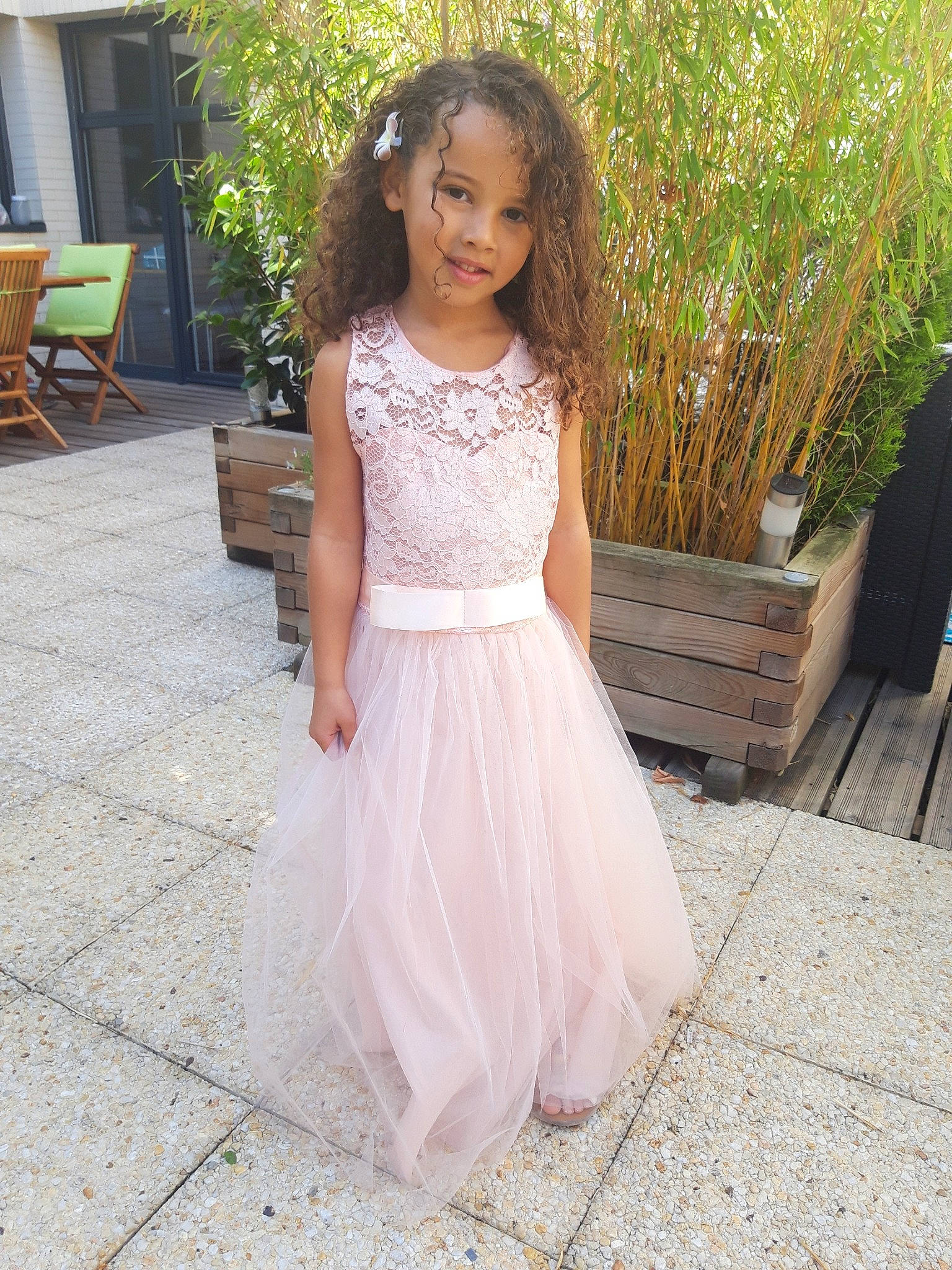 Maëva a rejoint le concours — aidez-le/la à gagner de superbes lots ! a_line, bridal_party_dress, child, child_model, clothing, cocktail_dress, day_dress, dress, flower_girl, formal_wear, gown, lace, long_hair, neck, person, pink, shoulder, sleeve, smile, toddler