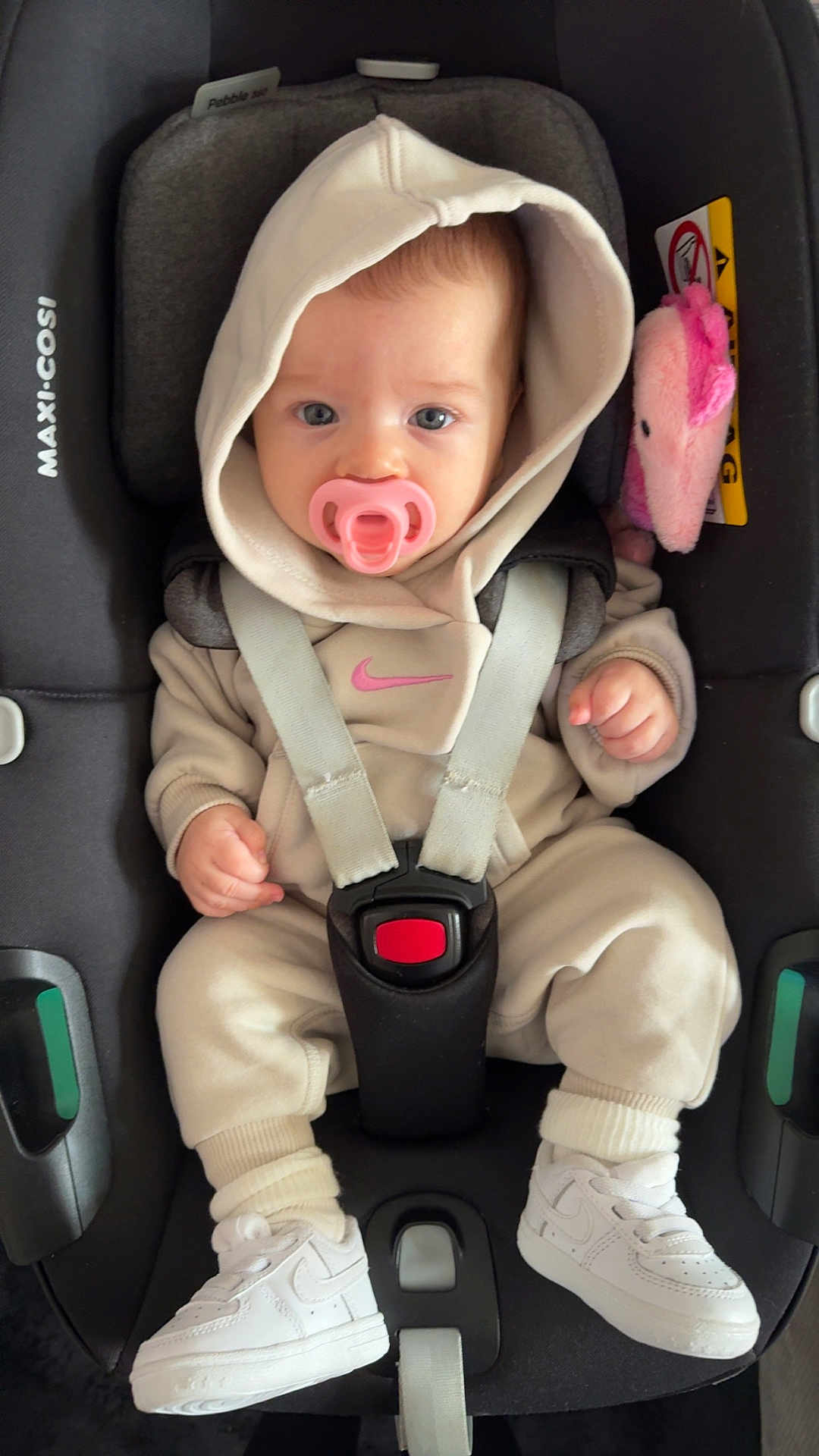Marla is registered to the contest to win money with this photo: baby, infant, child, car_seat, pacifier, hoodie, sweatsuit, sneakers, nike, plush_toy, pink, white, seatbelt, maxi_cosi, cute, indoors, portrait, baby_clothing, small_child, comfort