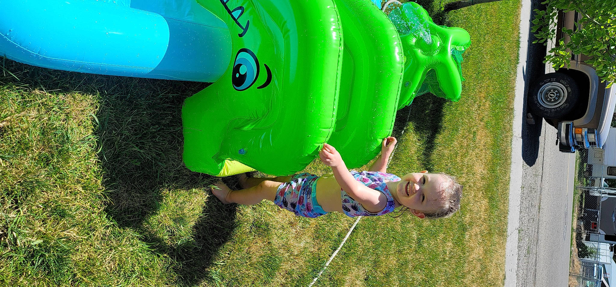 Ashlyn joined the competition — help win amazing prizes! baby, balloon, dog_sports, fun, grass, grassland, green, inflatable, joy, lawn, leisure, party_supply, person, personal_protective_equipment, plant, play, recreation, sandal, t_shirt, tail