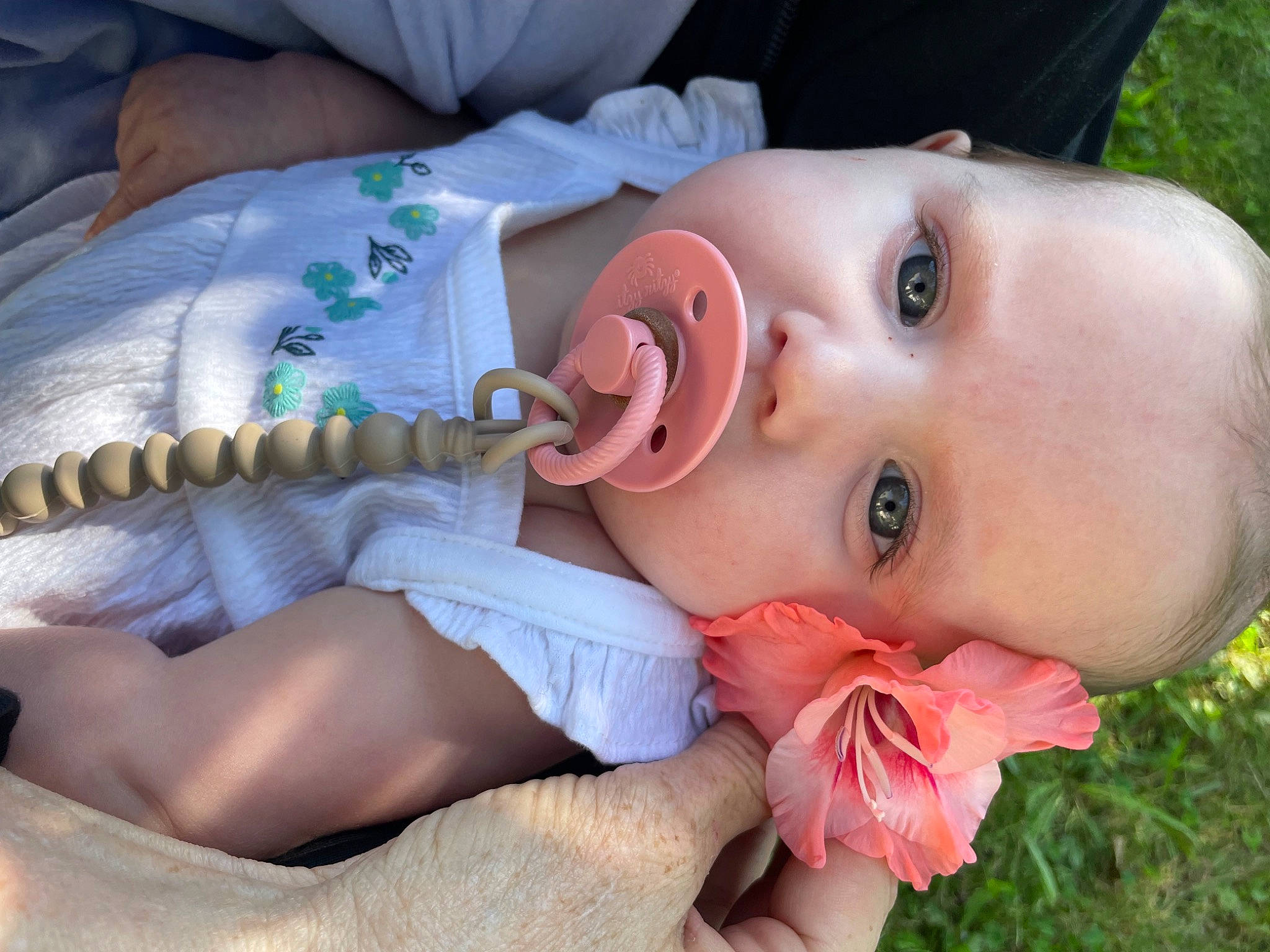 Elsie joined the competition — help win amazing prizes! baby, baby_toddler_clothing, cheek, eye, eyebrow, eyelash, face, facial_expression, finger, flower, hand, happy, head, iris, lip, mouth, nose, person, pink, plant