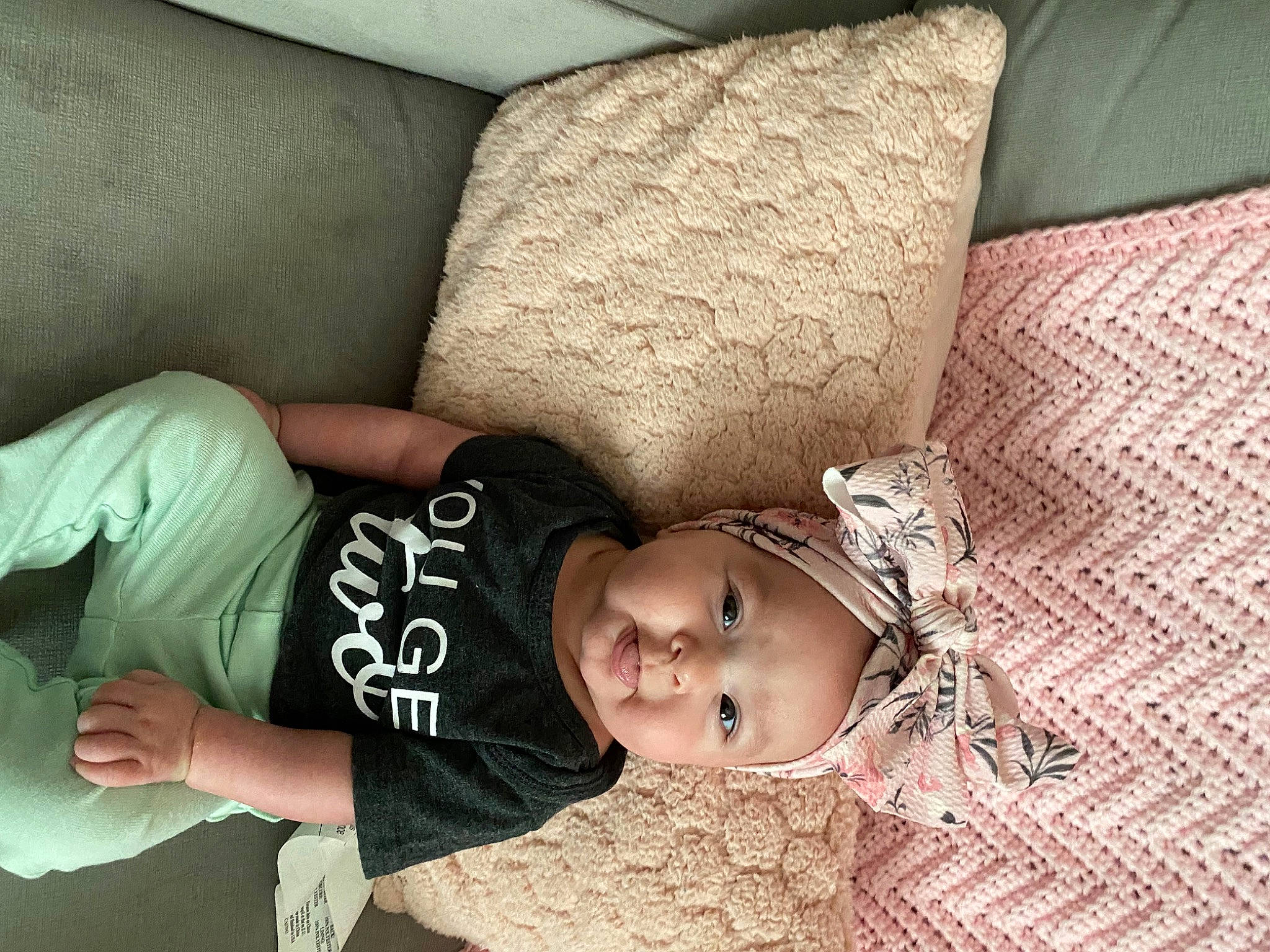 Isabel joined the competition — help win amazing prizes! baby, baby_toddler_clothing, bedtime, child, comfort, couch, glasses, hairstyle, happy, hat, headgear, headwear, linens, nap, person, room, sitting, sleeve, textile, toddler